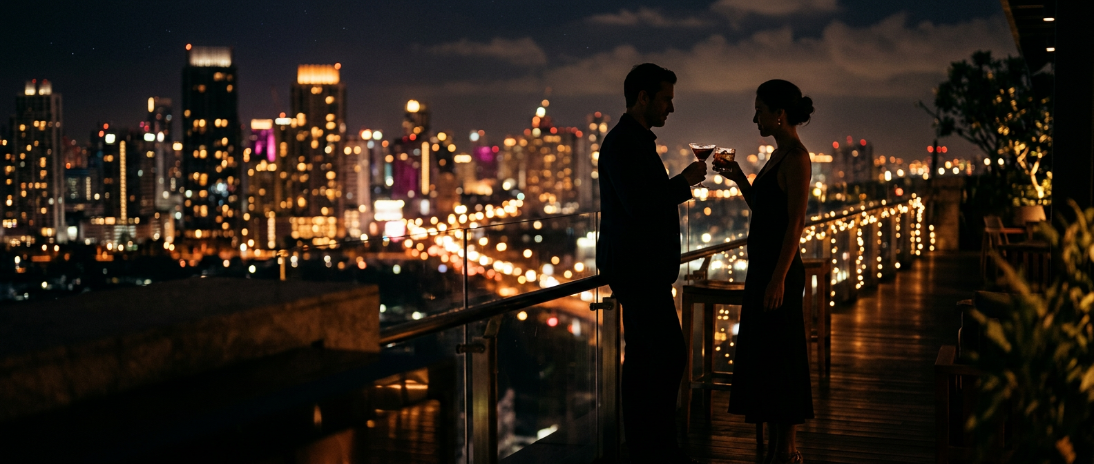 Silhouetted couple toasting on a city rooftop bar at night